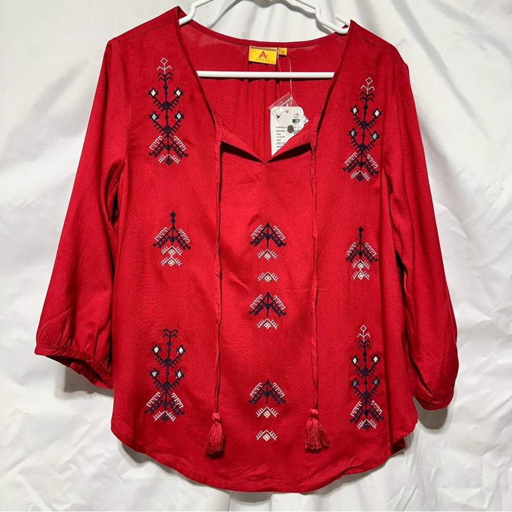 ATEESA Maroon Embroidered Geometric Tassel Top | Liva Eco Fabric XL